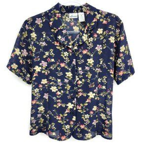 Vintage Anna & Frank Navy Ditsy Floral Print Semi Sheer Tie Back Blouse Top Med
